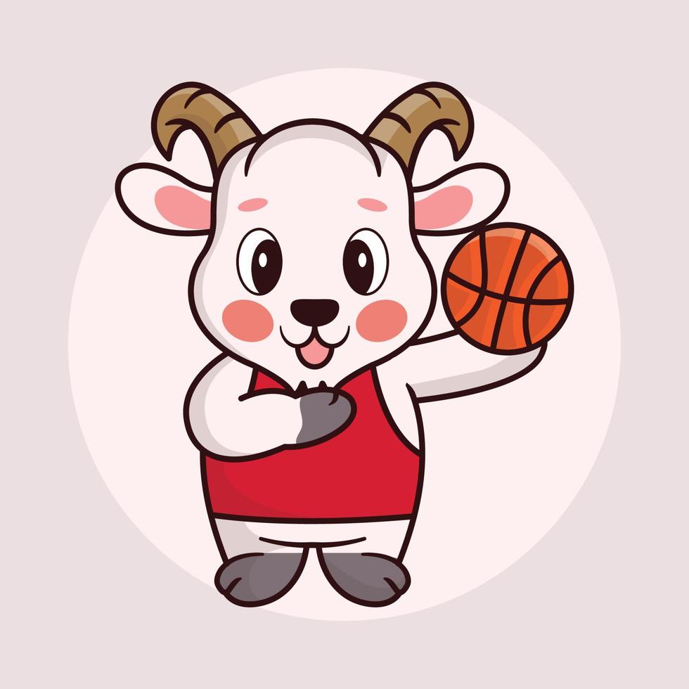 Cute baby goat cartoon basketball player vector