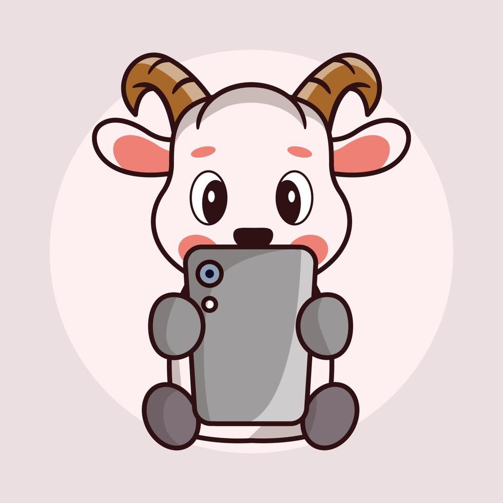 Cute baby goat cartoon play a smartphone vector