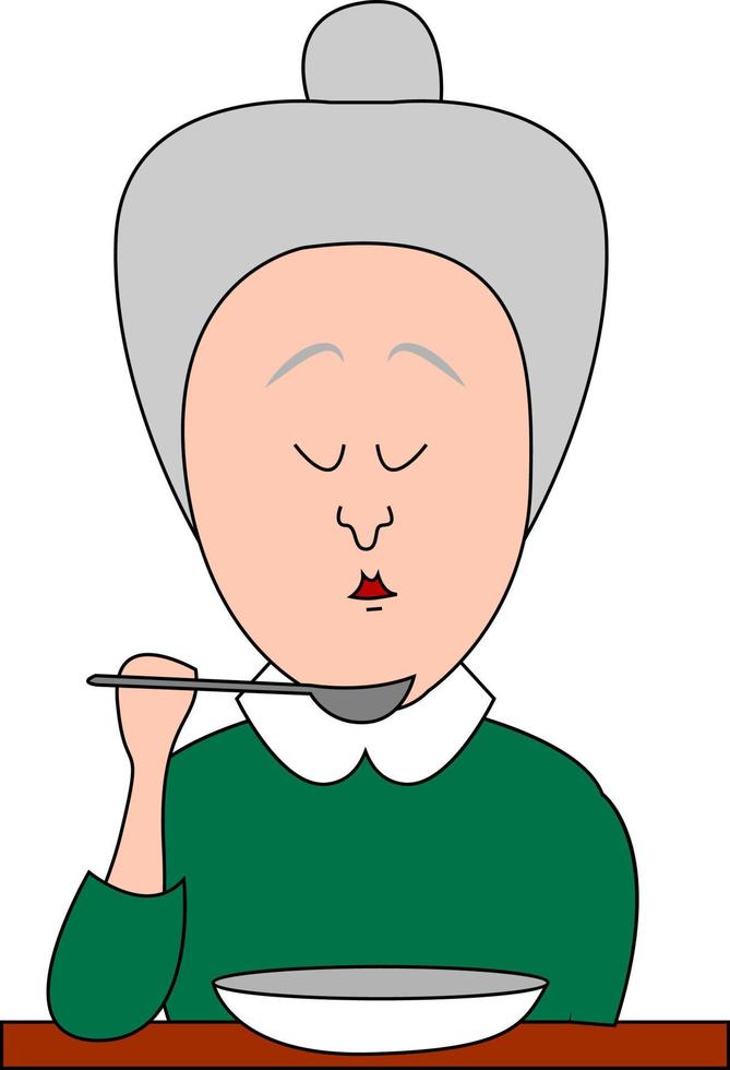 Anciana comiendo, ilustración, vector sobre fondo blanco.