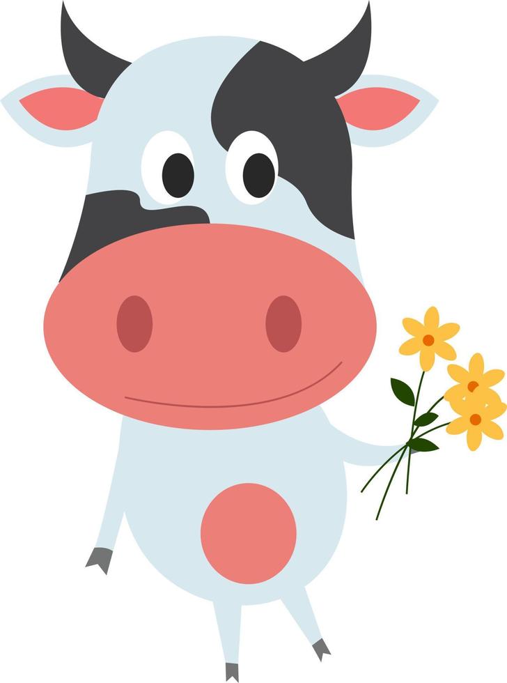 Cow with flowers, illustration, vector on white background.