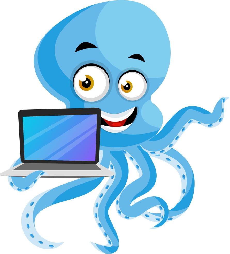 Octopus with laptop, illustration, vector on white background.