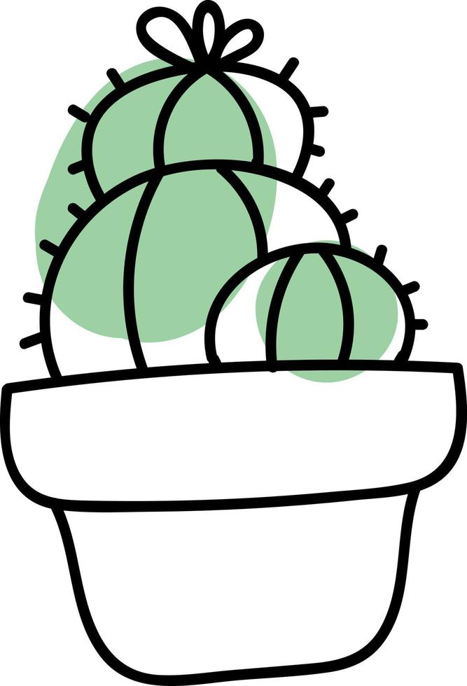 tres cactus con dos puntos verdes, uno grande y otro pequeño, ilustración, vector sobre fondo blanco.