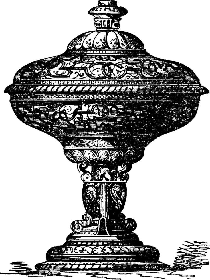 Vase of Henry II ware or ornamental pieces, vintage engraving. vector