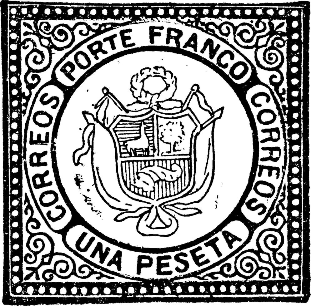 Peru Una Peseta Stamp, 1862-1872, vintage illustration vector