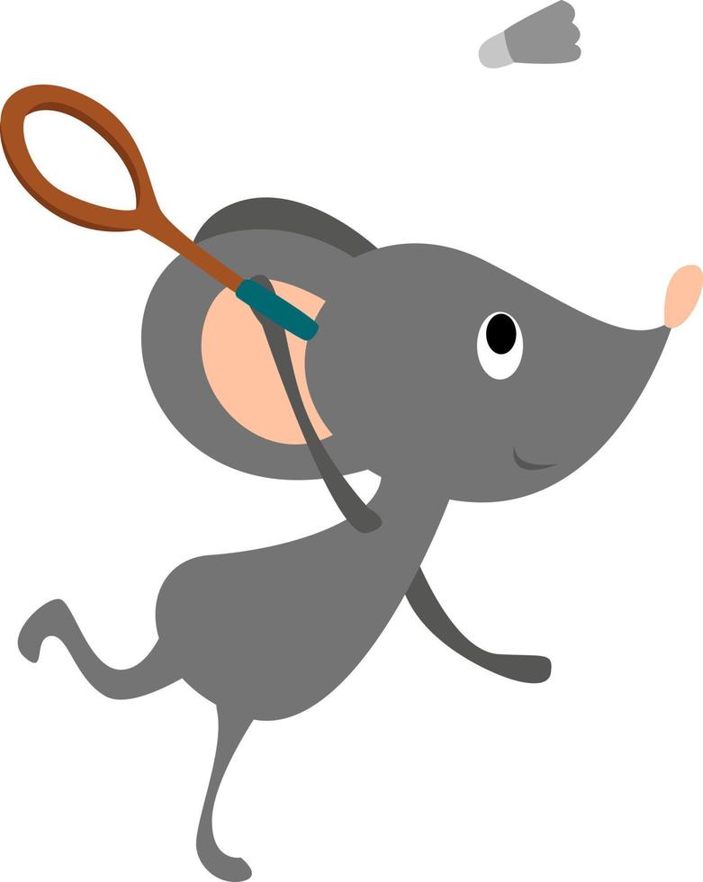 Mouse playing badminton, illustration, vector on white background