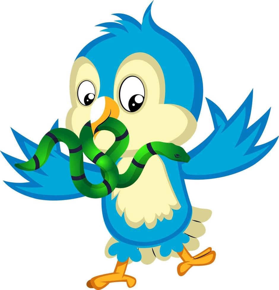 Blue bird holds a snake, illustration, vector on white background.