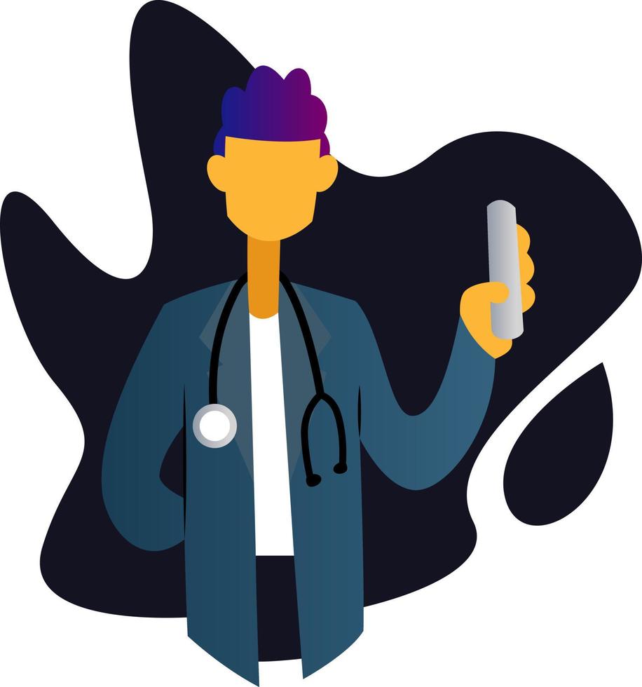 Minimalistic vector occupation illustration of a doctor in blue suit in front of deep blue graphic shape on a white background