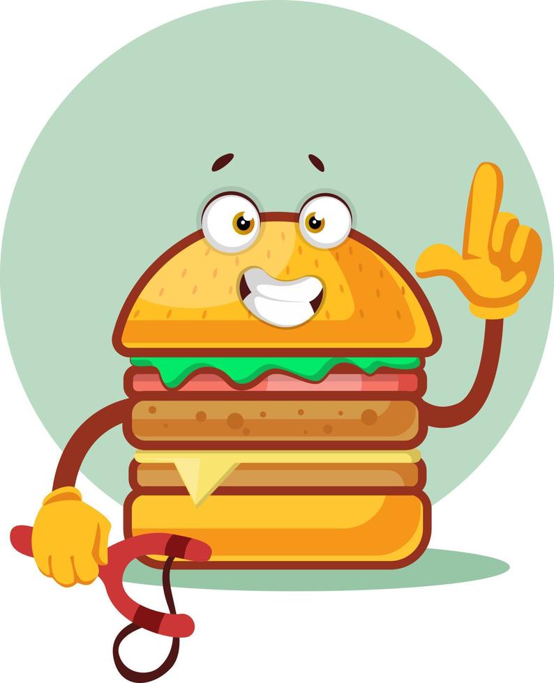 Burger is holding a sling, illustration, vector on white background.