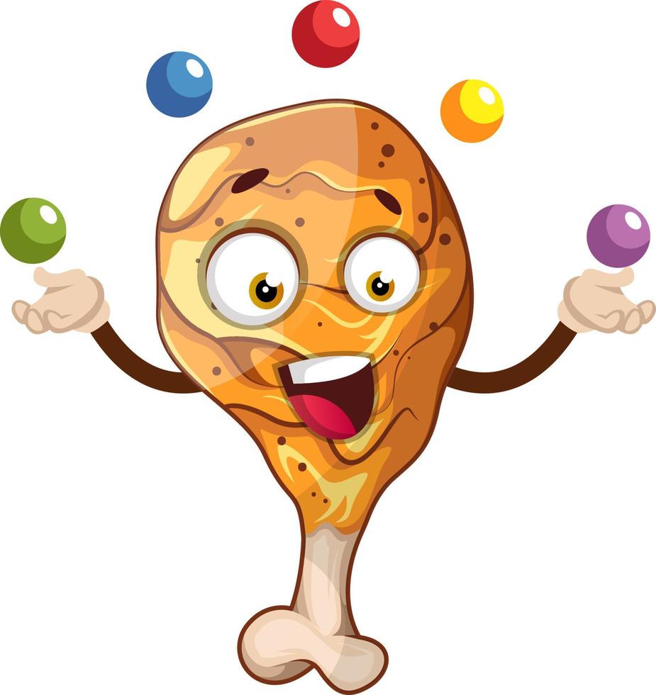 Cheerful fried drumstick juggling, illustration, vector on white background.