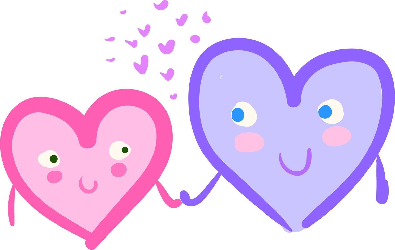 2 corazones felices tomados de la mano, vector o ilustración de color.