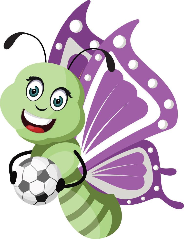 Butterfly with football ball, illustration, vector on white background.