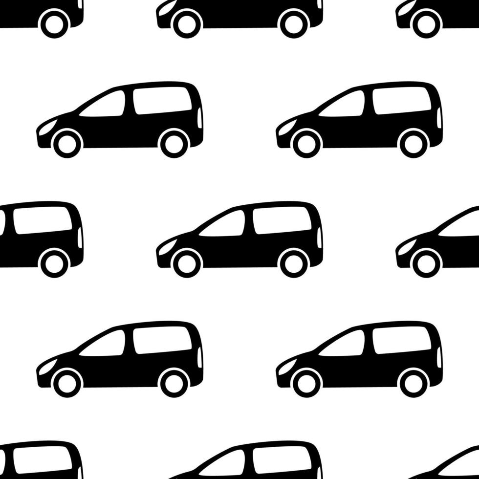 Seamless pattern with black cars on white background. Vector illustration.