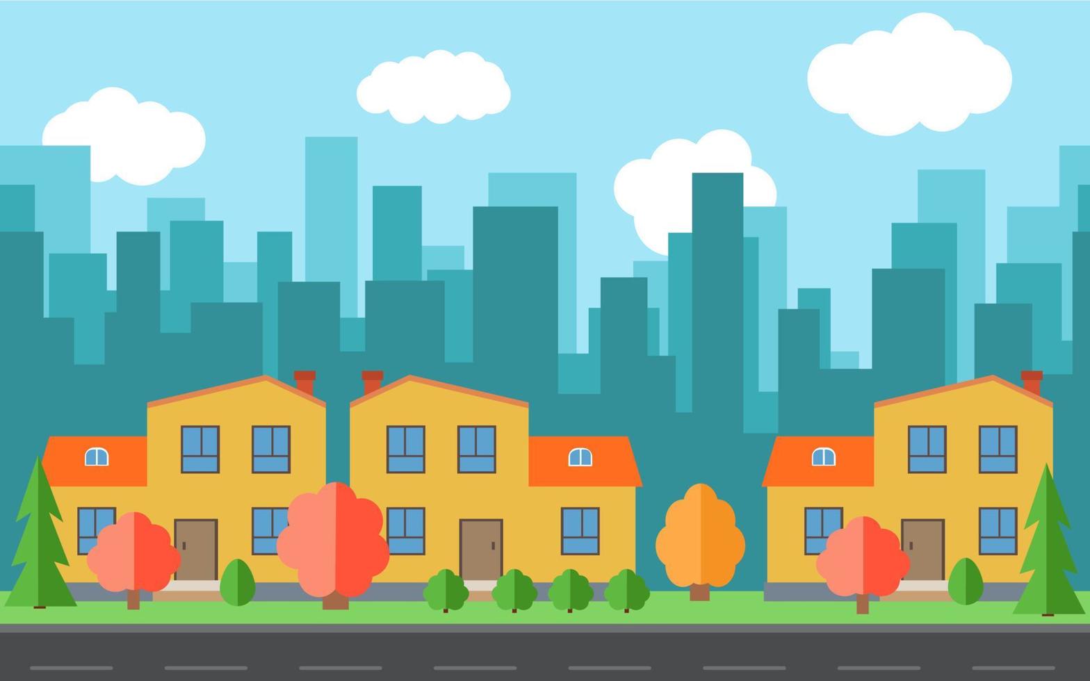 Vector city with cartoon houses and buildings. City space with road on flat style background concept. Summer urban landscape. Street view with cityscape on a background