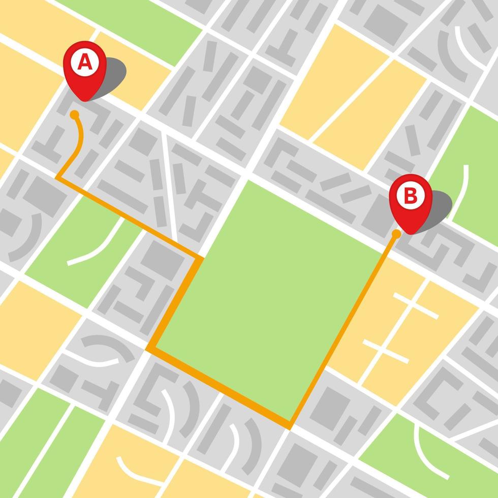 City map of an imaginary city with route from point A to point B. Vector illustration.
