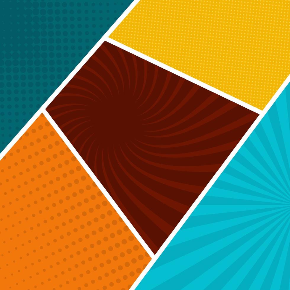 Colorful comic book page background in pop art style. Empty template with rays and dots pattern. Vector illustration