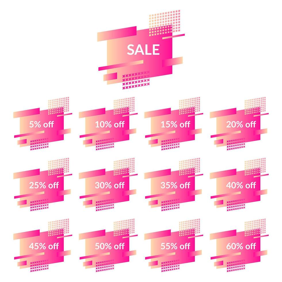 Set of pink sale banners on the modern gradient shape. Geometric trendy banners with discounts of five to sixty percent vector