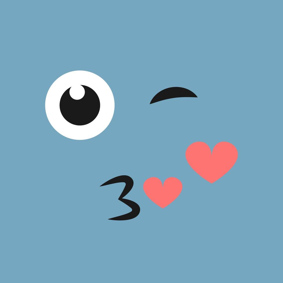 Winking face with a kiss and hearts on color background. Vector illustration