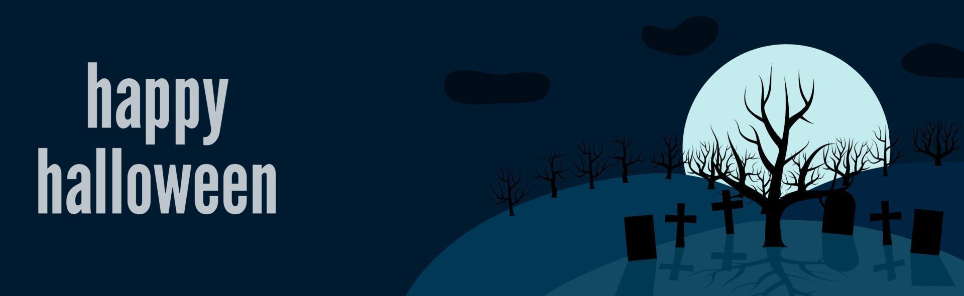 Happy Halloween festive banner with a lonely tree in the cemetery on a background of the full moon at night. Vector illustration.