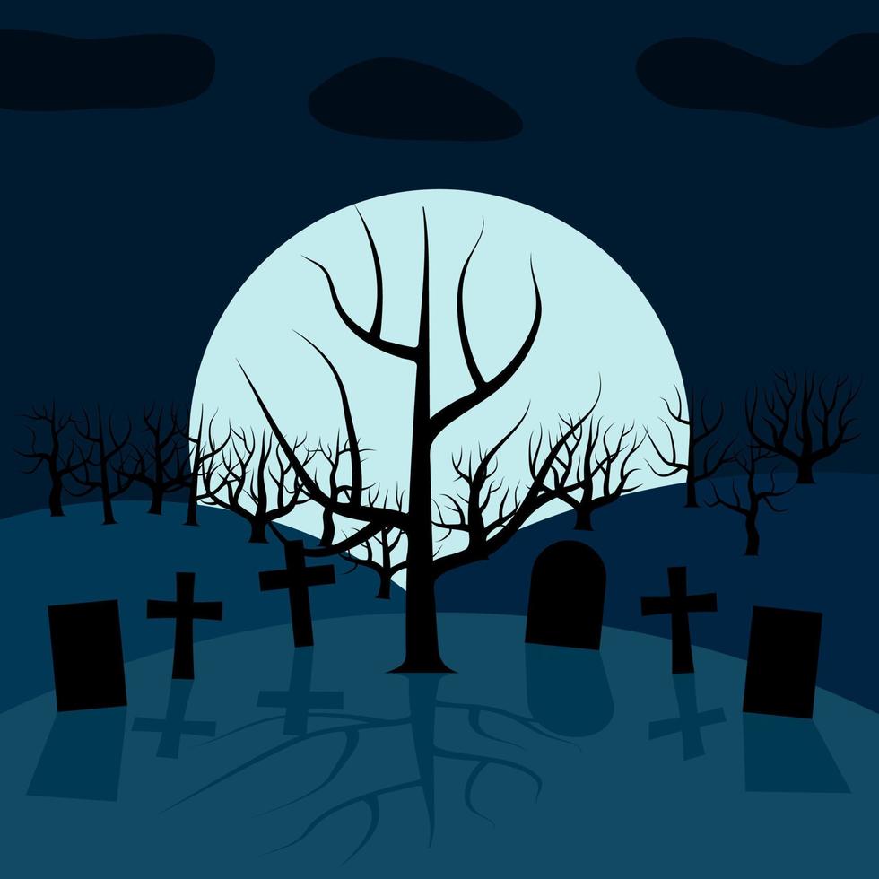 un árbol solitario en el cementerio por la noche frente a la luna. vector de fondo para halloween