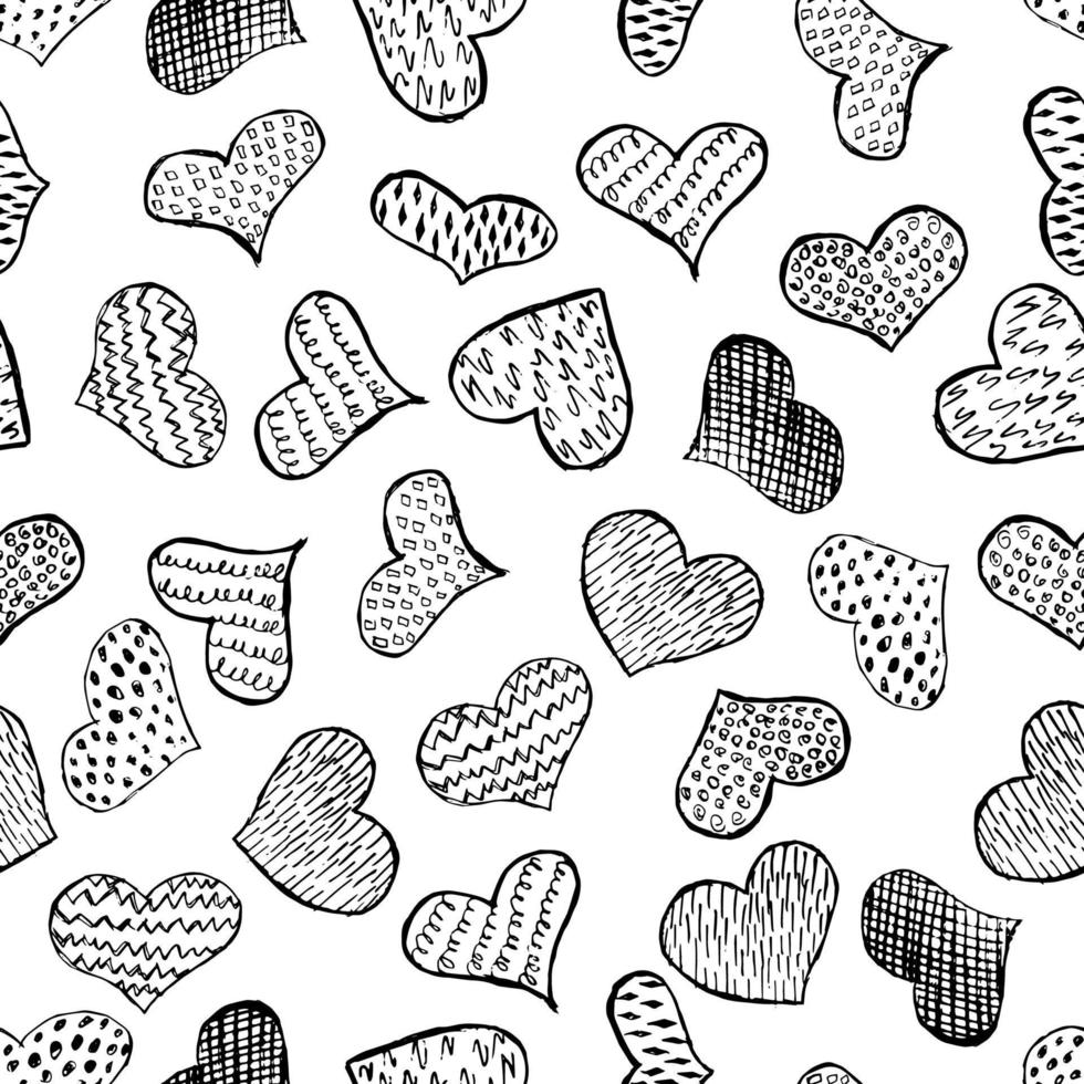 Seamless pattern with black hand drawn hearts. Vector illustration