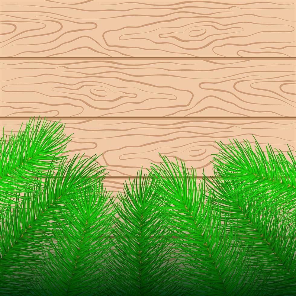 Spruce branches on a wooden table. Christmas and New Year background. Vector illustration.