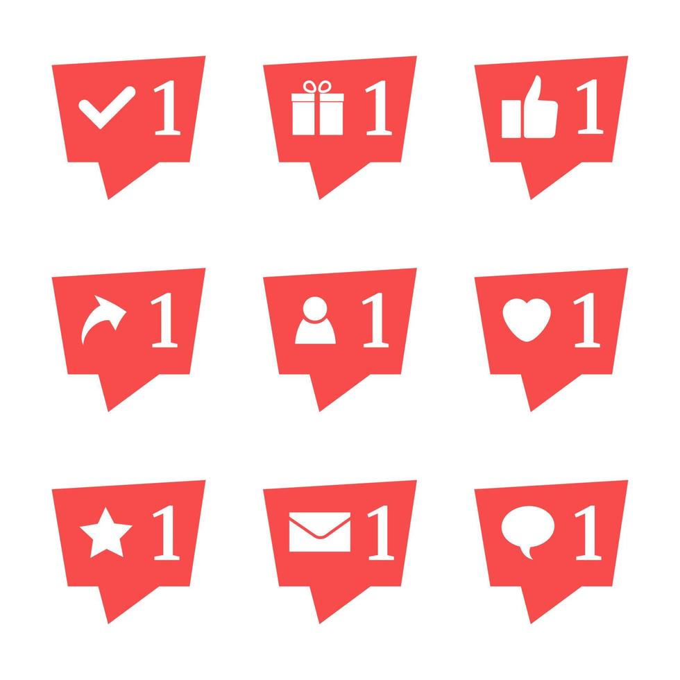 Set of nine notifications in social media. Heart, star, follower, message, check, gift, comment, like, repost. Vector illustration.