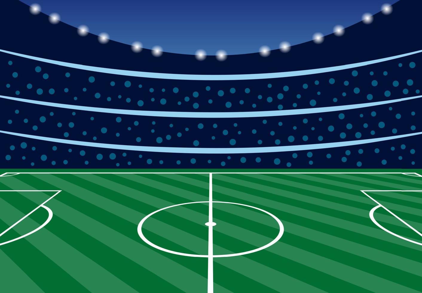 Football stadium with filled tribunes in the evening before the start of the match. Vector illustration