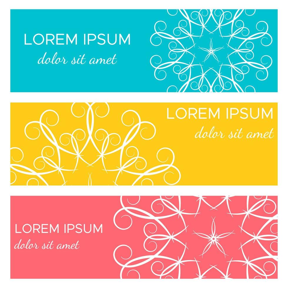 Set of abstract horizontal header banners with geometric circular elements and place for text. Colorful backgrounds for web design. Vector illustration