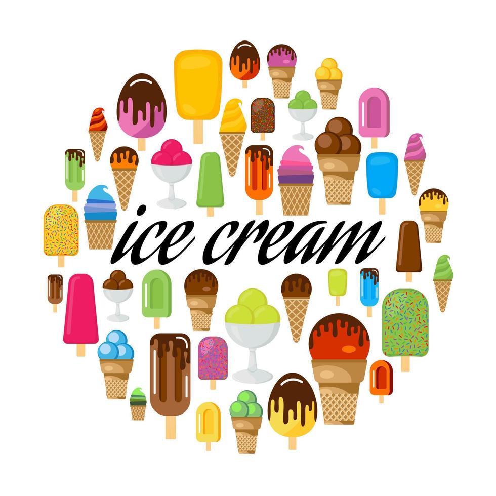 conjunto de helados de colores en círculo. helado de inscripción negra en el centro. helado multicolor aislado sobre fondo blanco. ilustración vectorial vector