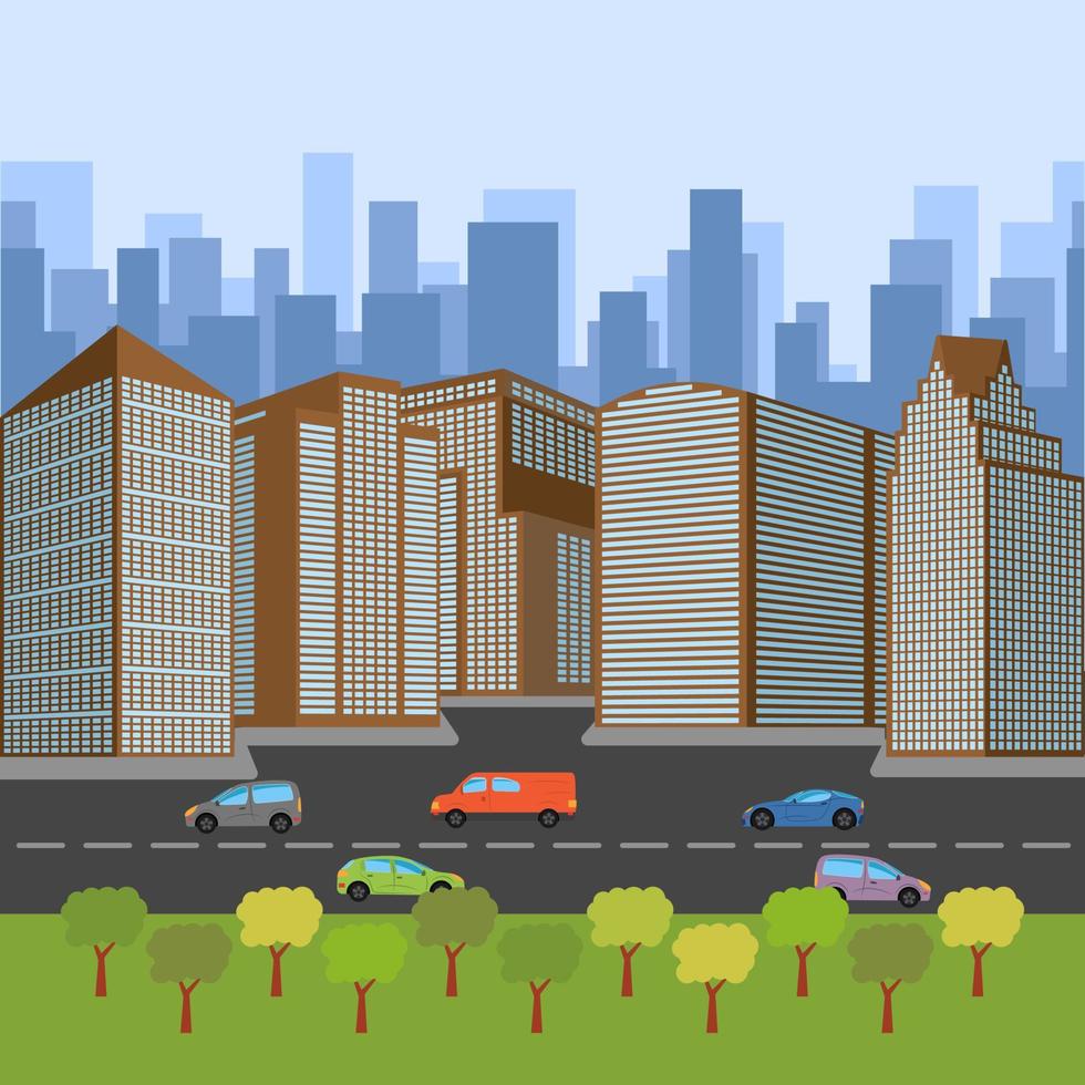 City street with a roadway and skyscrapers. Vector illustration