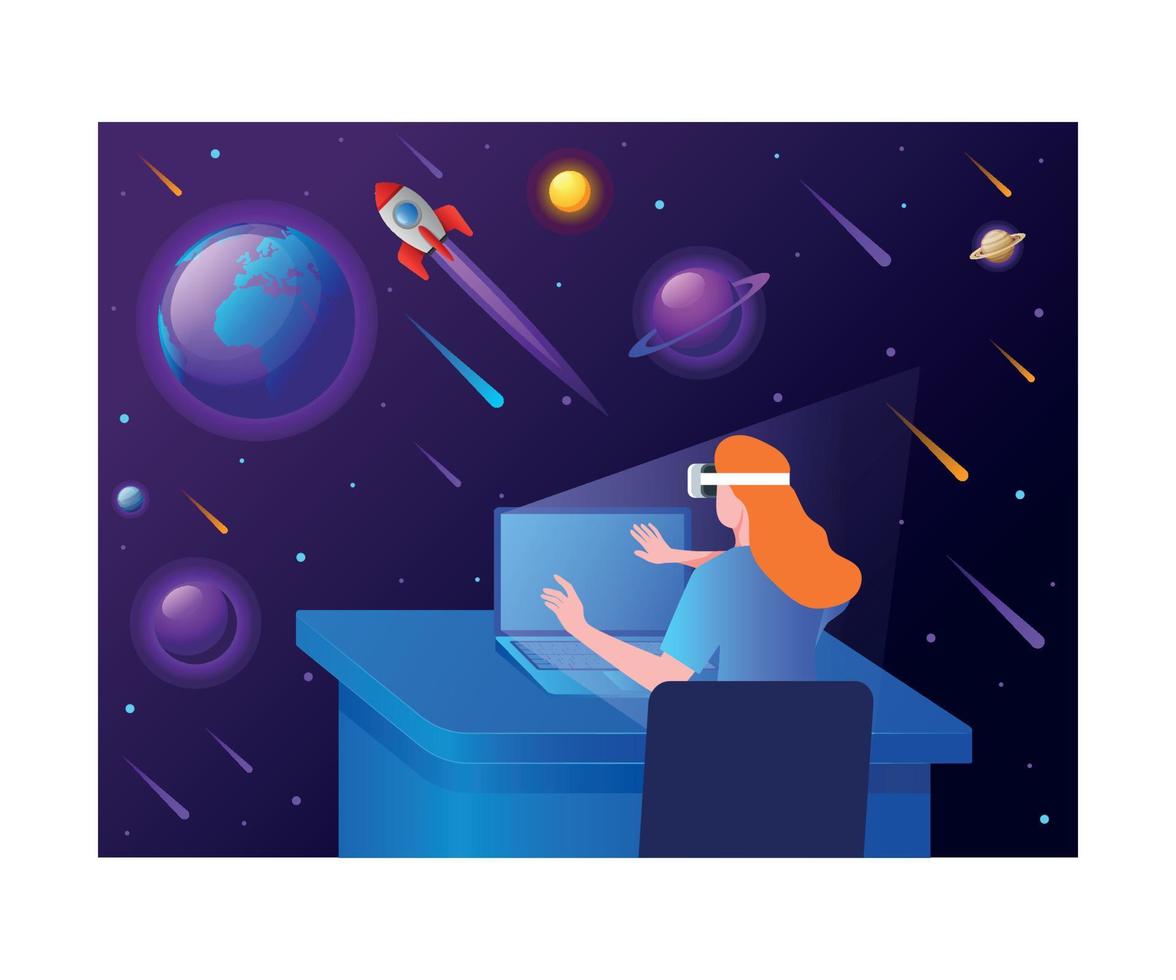 Woman experiencing Space environment using VR tech vector