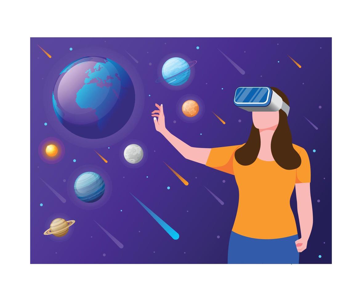 Girl experiencing Space environment using VR tech vector