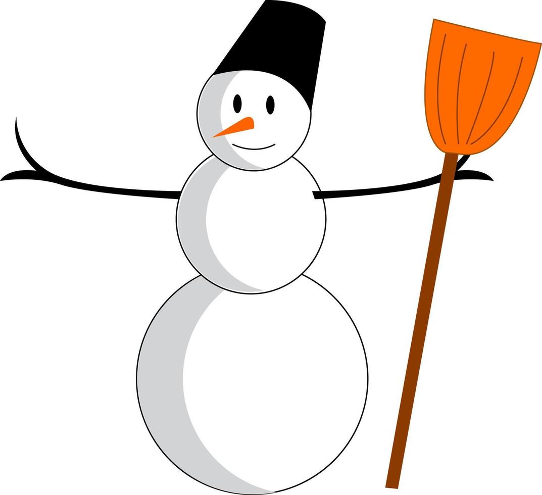 Snowman with broom, vector or color illustration.