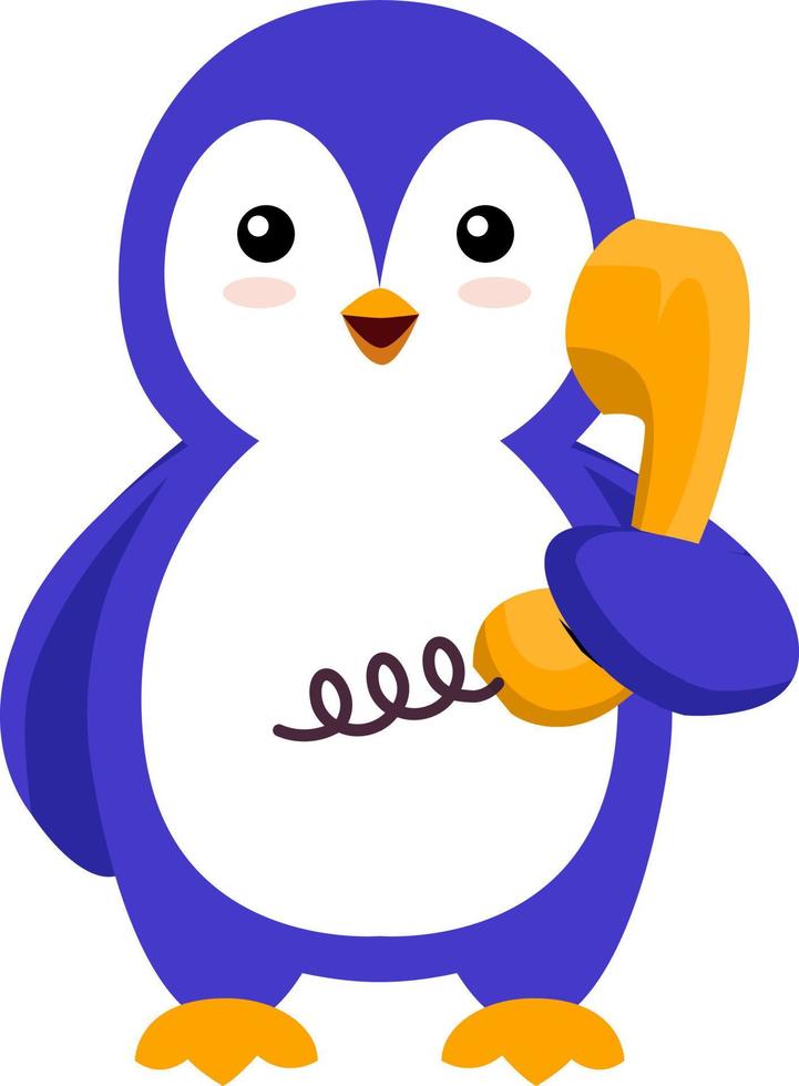 Penguin on phone, illustration, vector on white background.