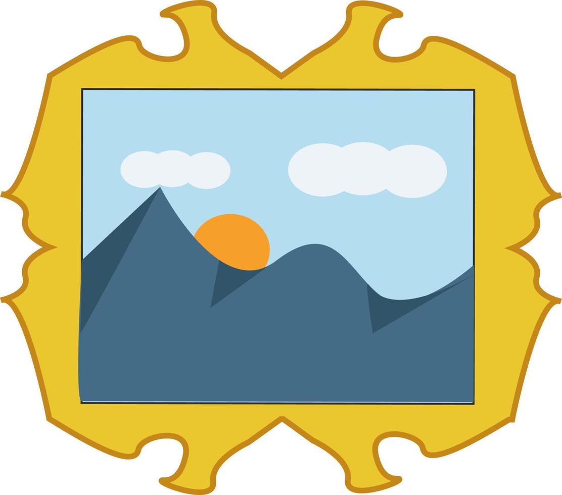 A landscape painting of mountains with a sun, vector or color illustration.