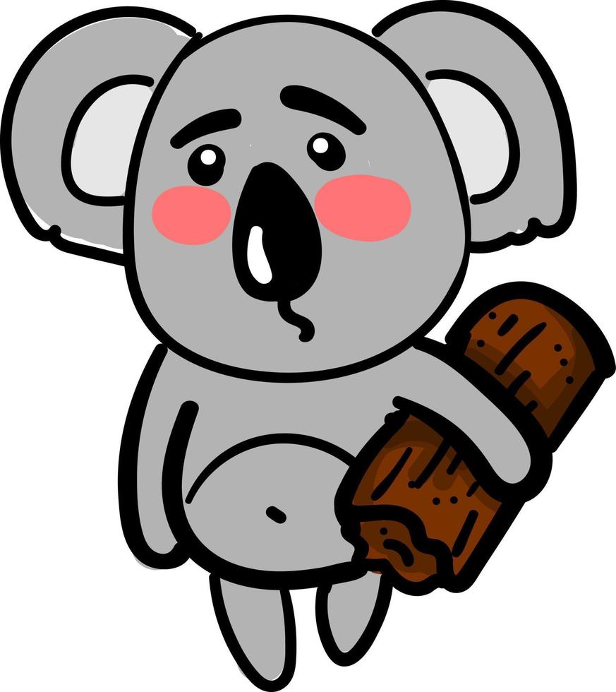 Sad koala with wood , illustration, vector on white background