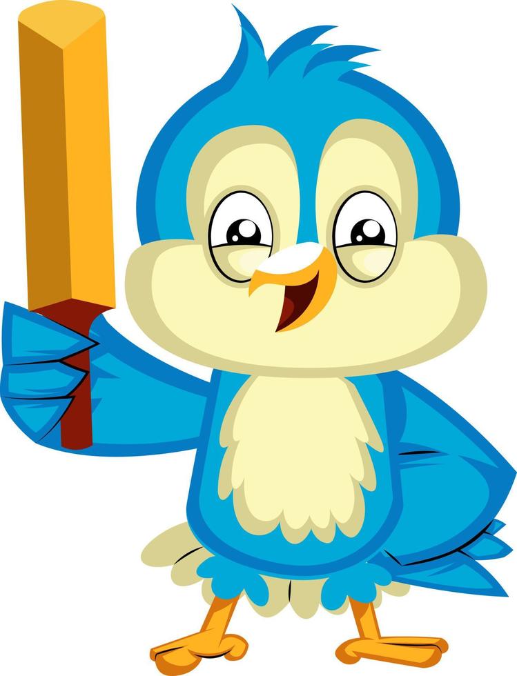 Blue bird is holding a cricket bat, illustration, vector on white background.