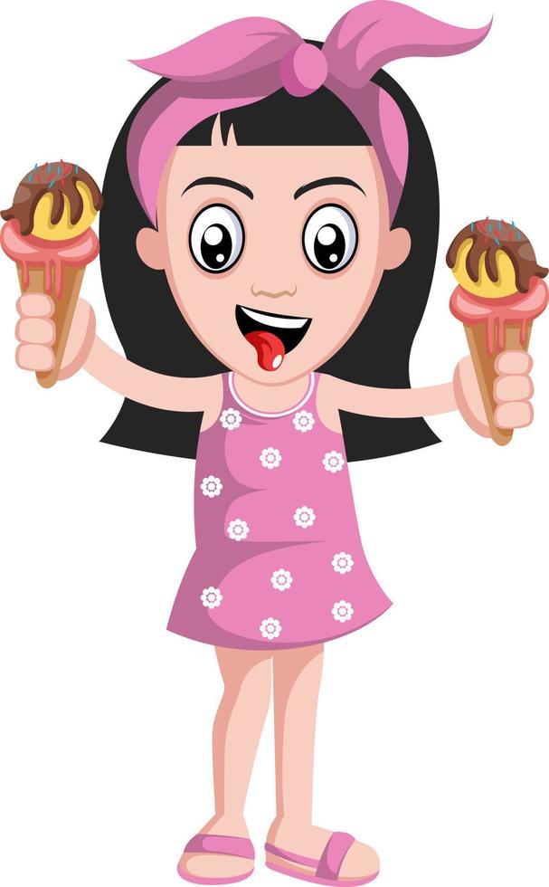 Chica sosteniendo helado, ilustración, vector sobre fondo blanco.