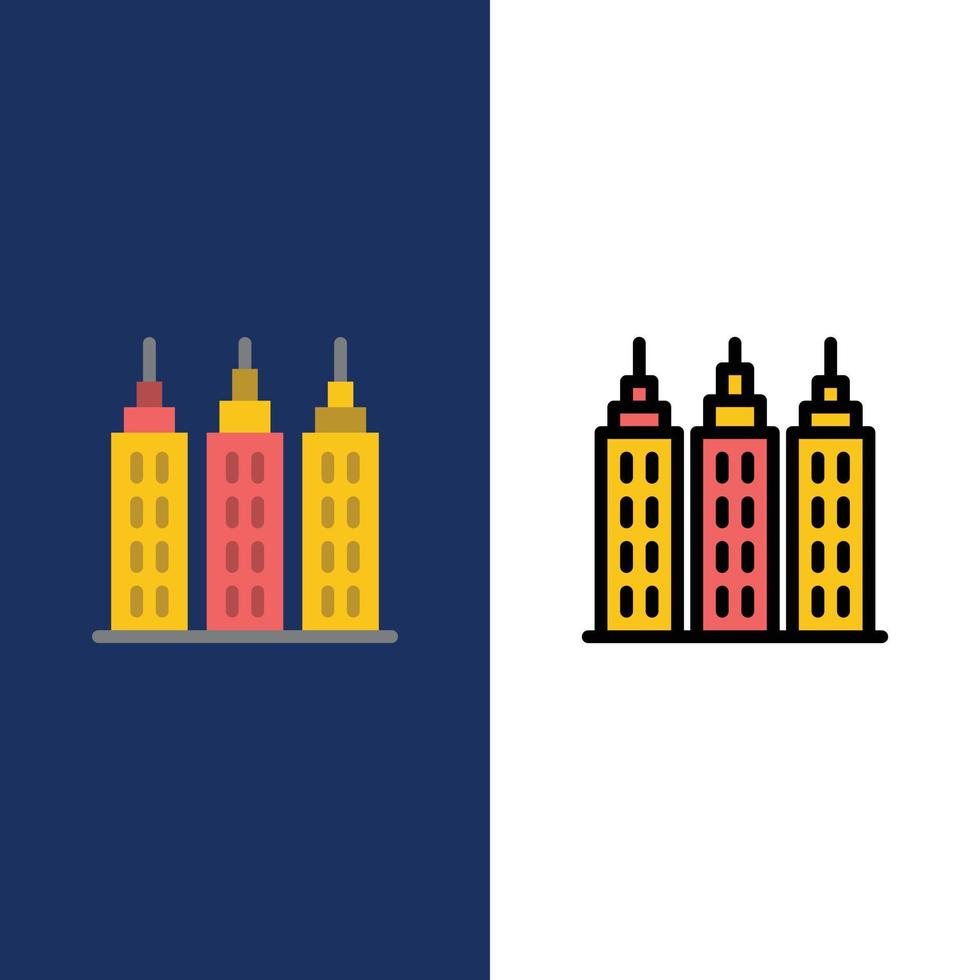 iconos de torre de construcción de edificios planos y llenos de línea conjunto de iconos vector fondo azul