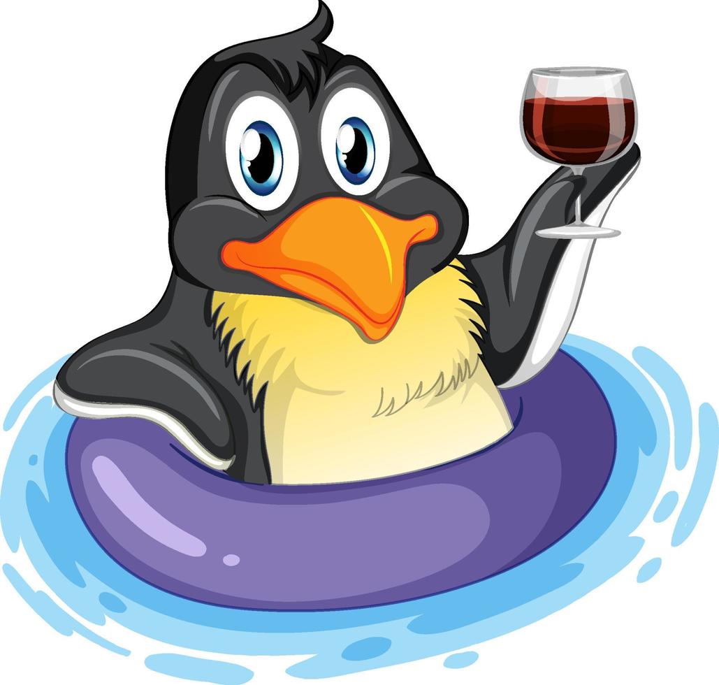 lindo personaje de dibujos animados de pingüinos con anillo inflable bebiendo vino vector