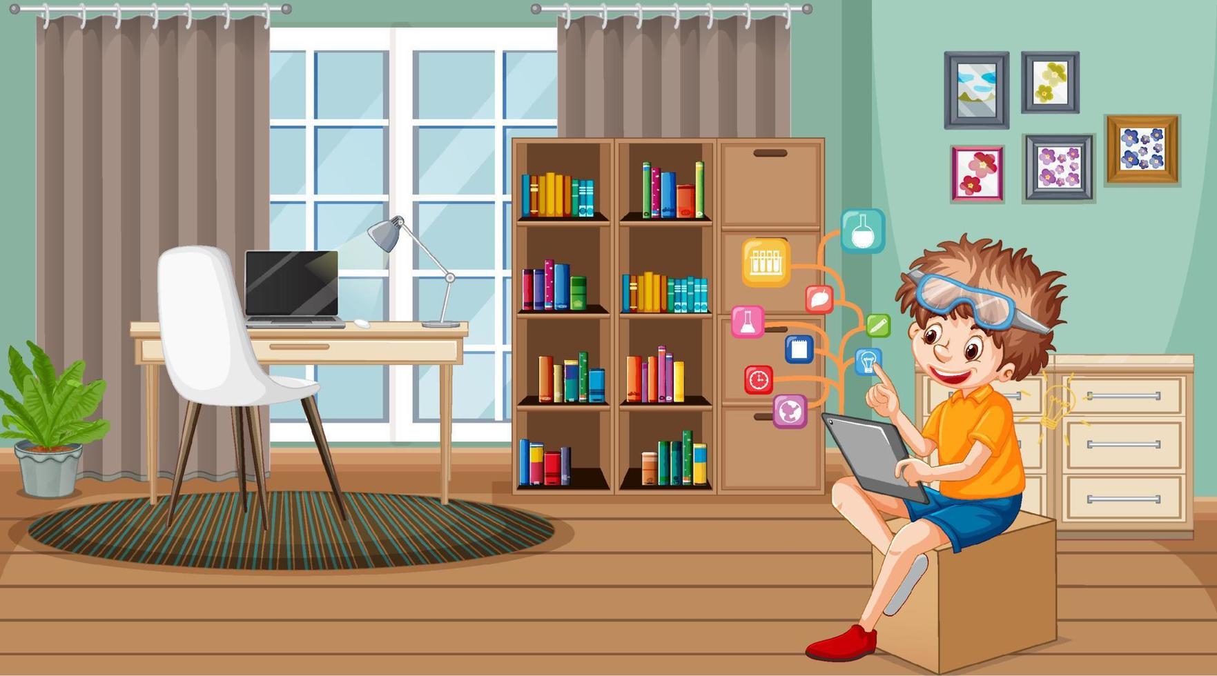 A boy using tablet at home vector