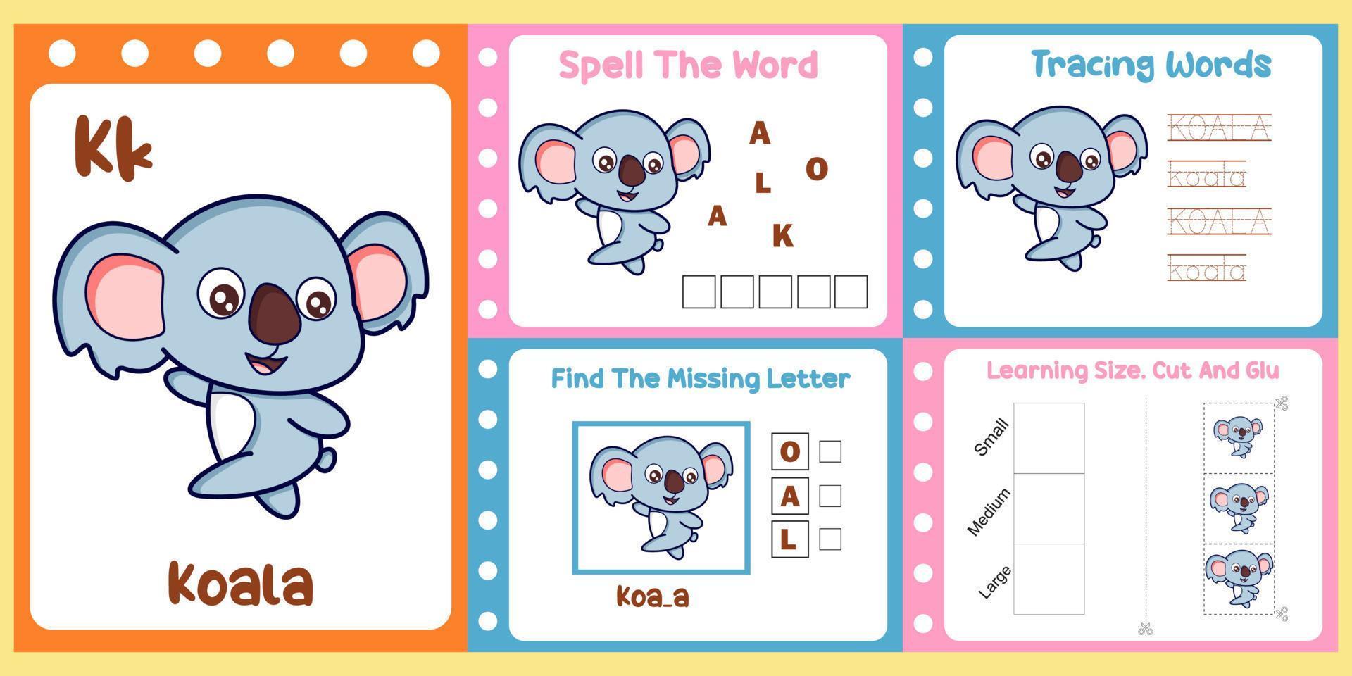 worksheets pack for kids with koala vector. vector