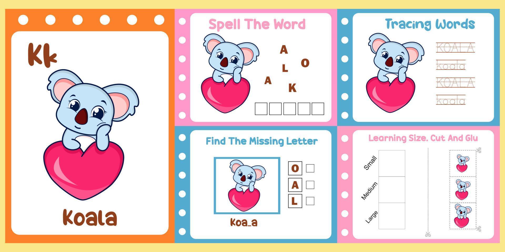 worksheets pack for kids with koala vector. vector