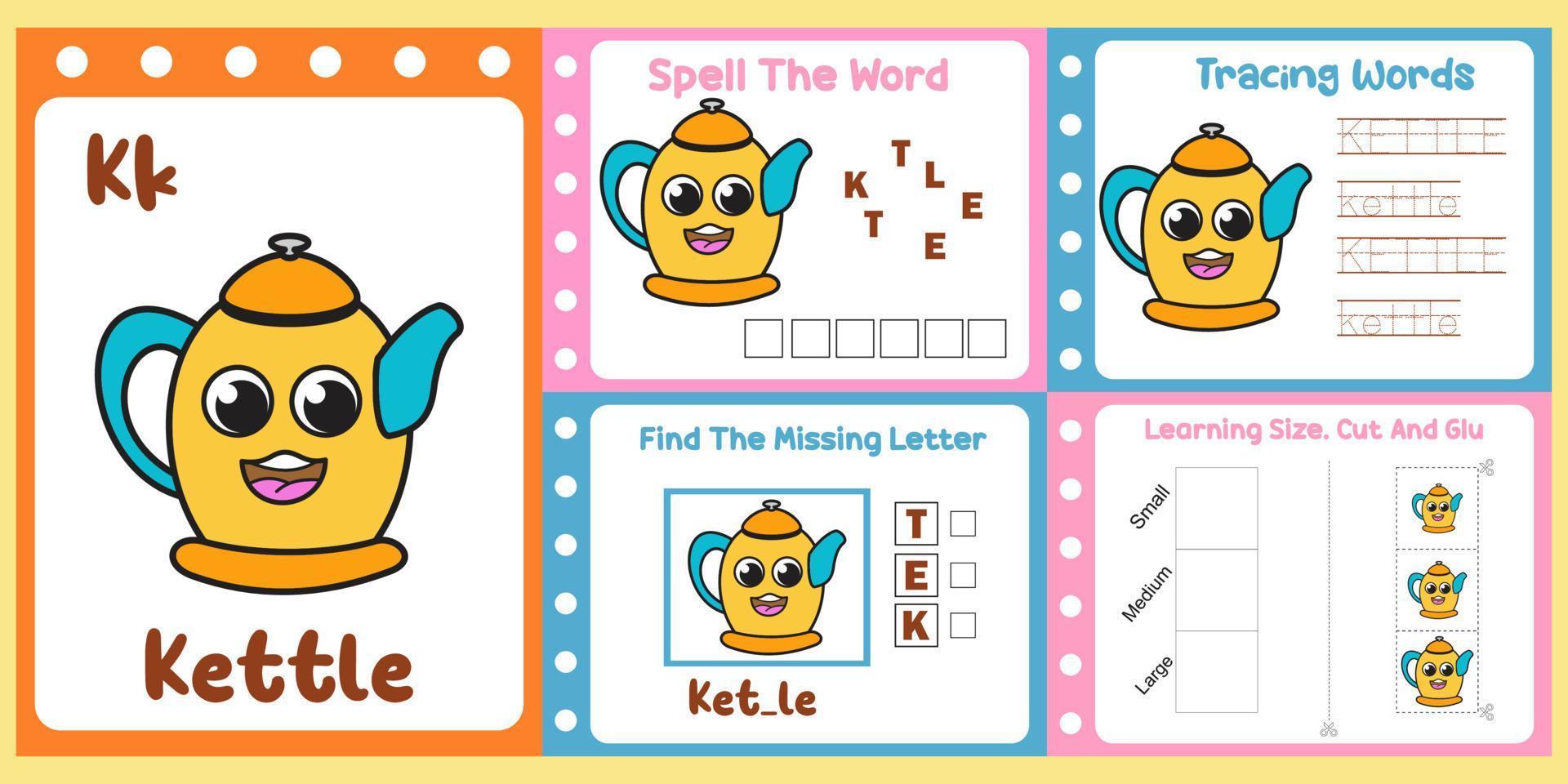 worksheets pack for kids with kettle vector. children's study book vector