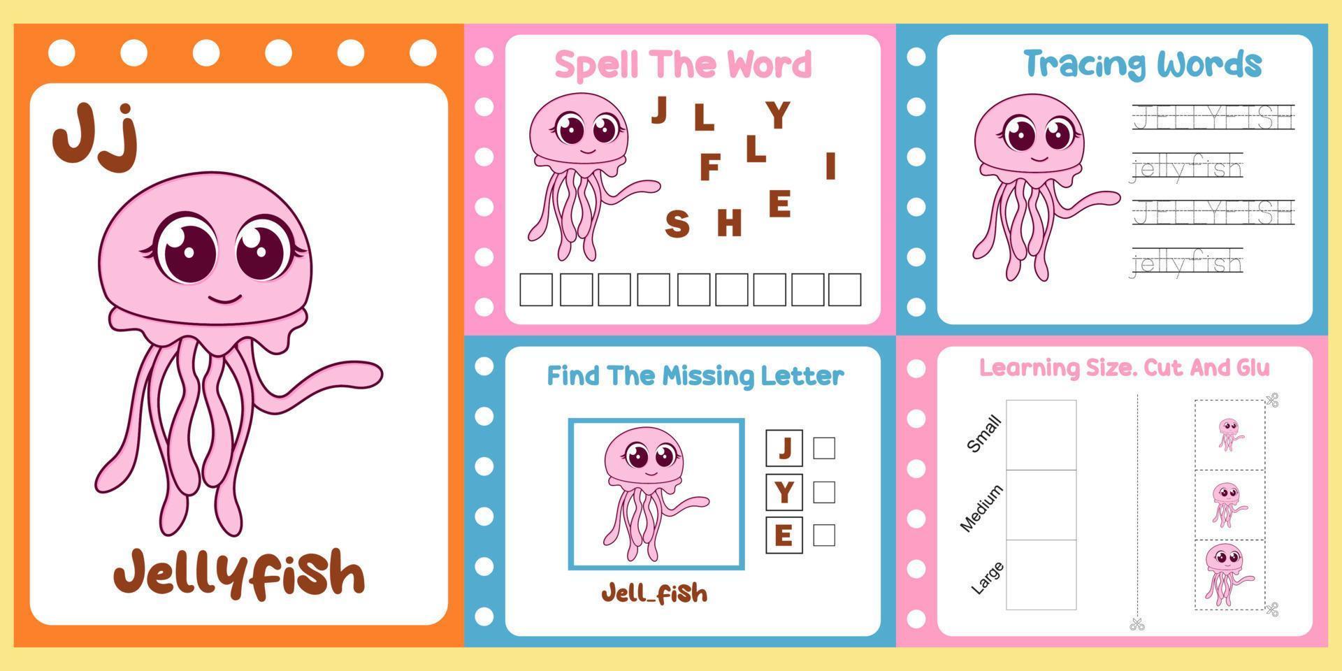 worksheets pack for kids with jellyfish vector. children's study book vector