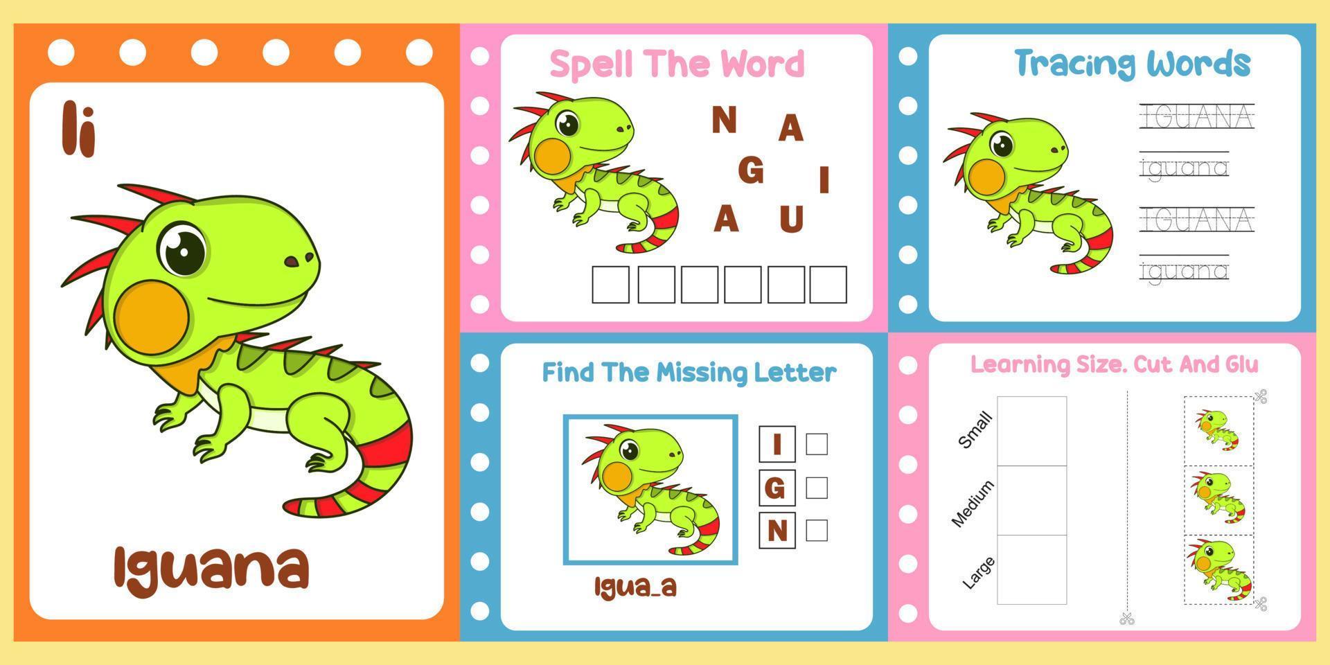 worksheets pack for kids with iguana vector. children's study book vector