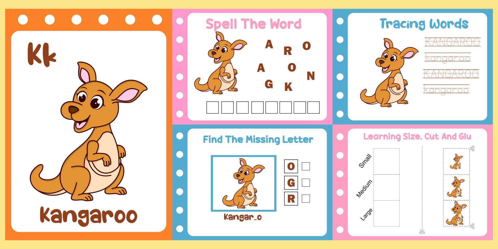 worksheets pack for kids with kangaroo vector. children study book vector