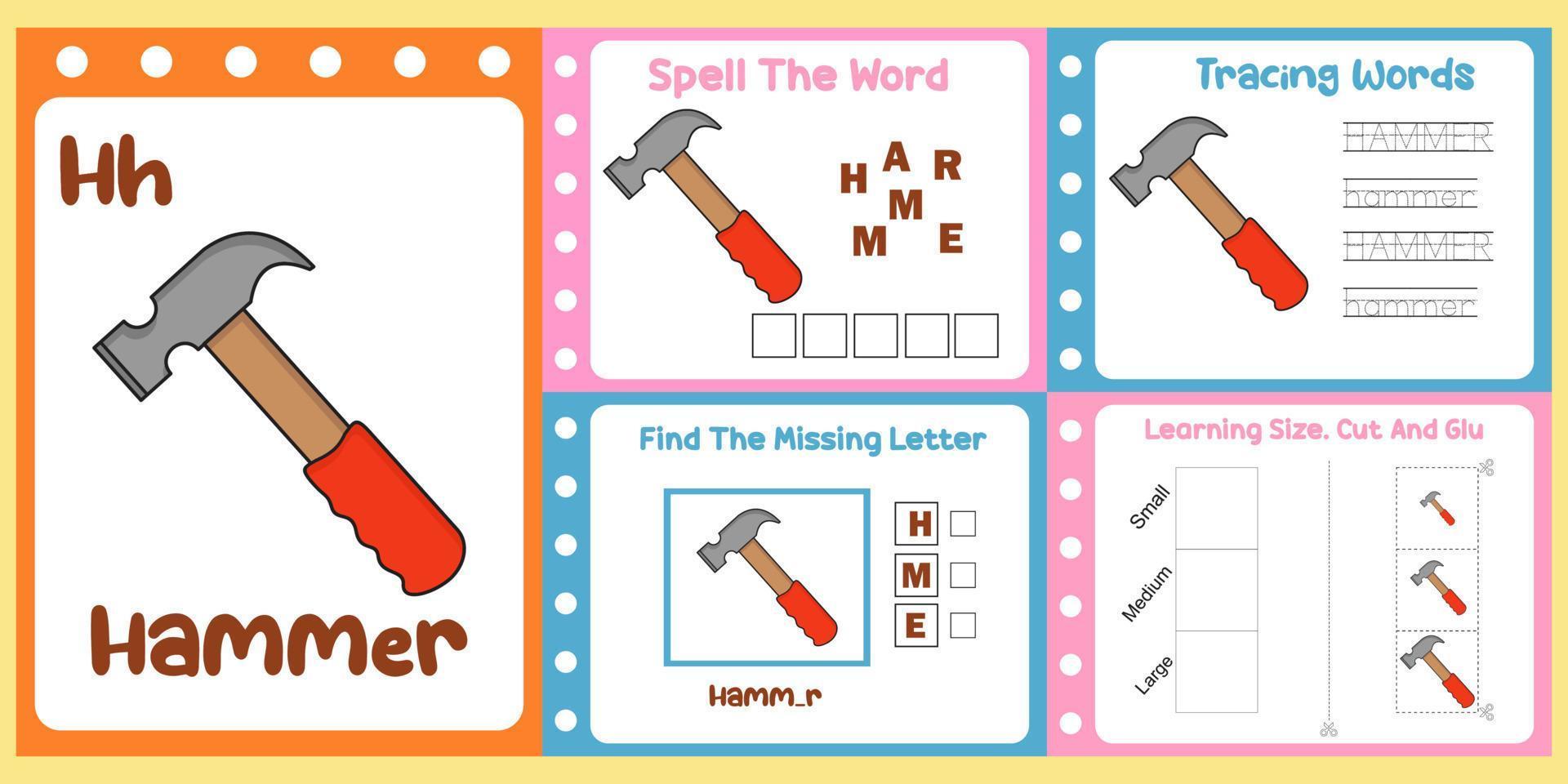 worksheets pack for kids with hammer vector. children's study book vector