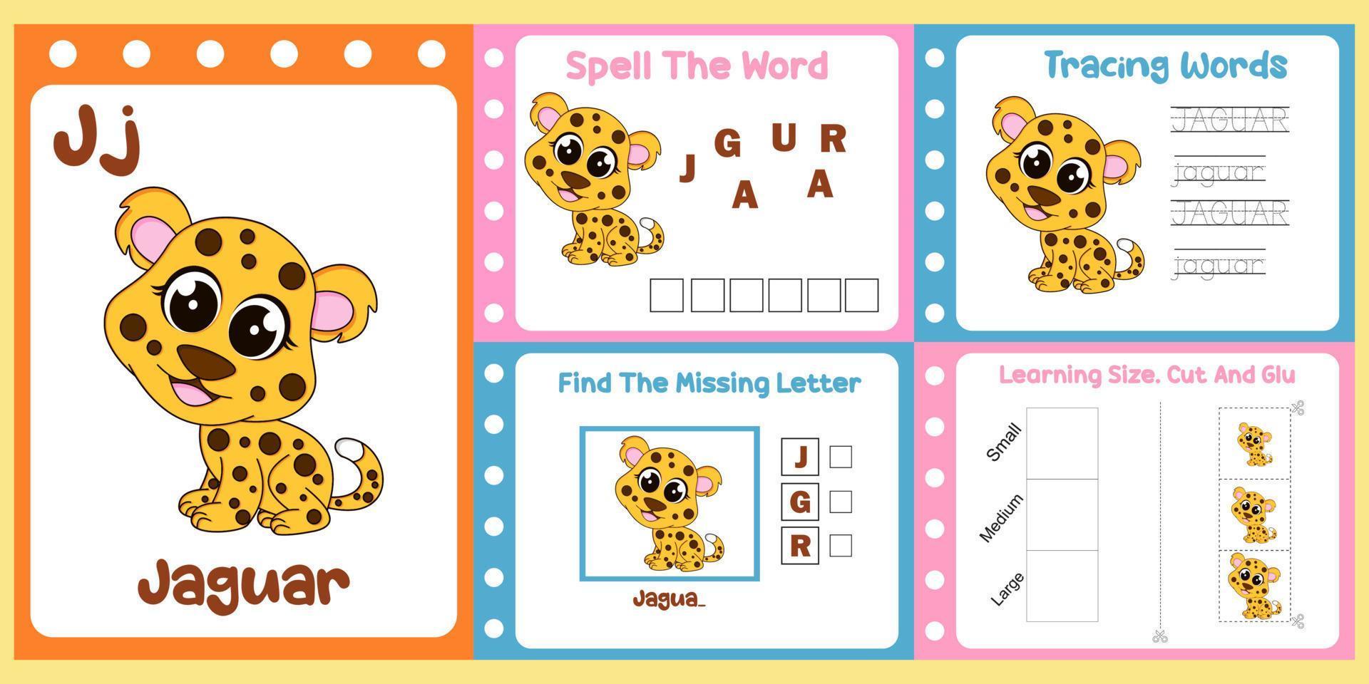 paquete de hojas de trabajo para niños con vector de jaguar. libro de estudio para niños