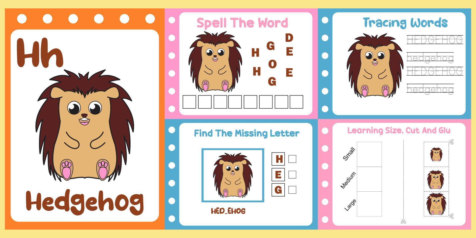 worksheets pack for kids with hedgehog vector. children's study book vector